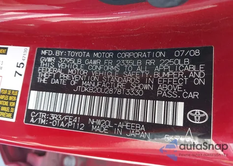 2008 Toyota Prius из США, поврежденный, VIN JTDKB20U287813330